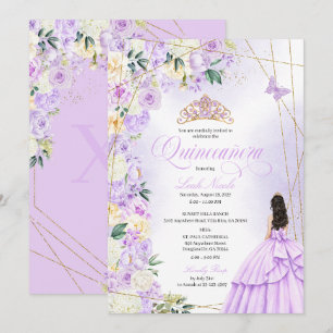Invitación Lilac Floral Quinceañera y Gold Glitter Dulces 15
