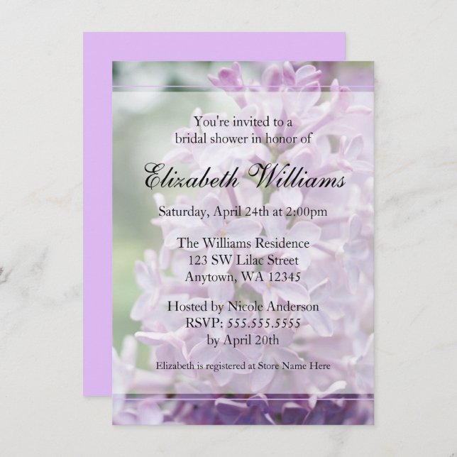 Invitación Lilac Flores Bridal Shower (Anverso / Reverso)