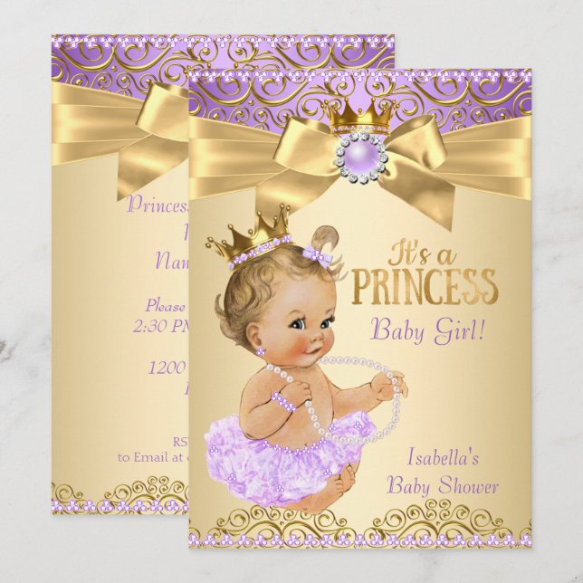 Invitación Lilac Gold Ballerina Princesa Baby Shower Blonde (Anverso / Reverso)