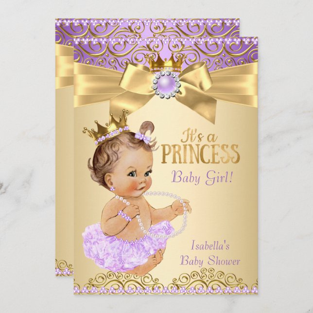 Invitación Lilac Gold Ballerina Princesa Baby Shower Brunette (Anverso / Reverso)