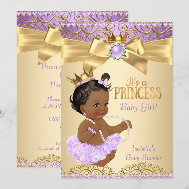 Invitación Lilac Gold Ballerina Princesa Baby Shower Étnica (Anverso / Reverso)