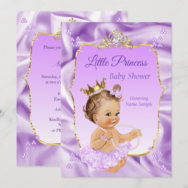 Invitación Lilac Gold Princess Baby Shower Chica brunette (Anverso / Reverso)
