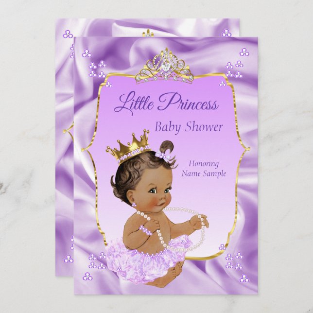 Invitación Lilac Gold Princess Baby Shower Chica morena oscur (Anverso / Reverso)
