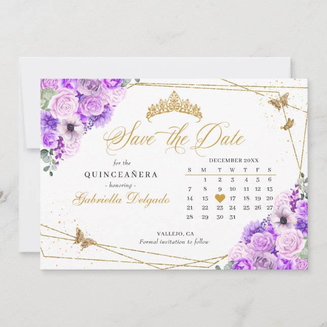 Invitación Lilac & Gold Quinceañera Salven La Fecha (Anverso)