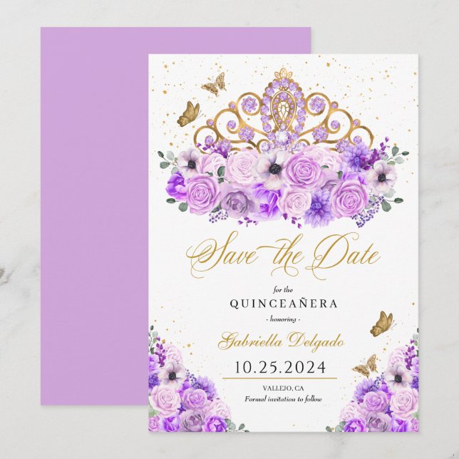 Invitación Lilac & Gold Tiara Salven La Fecha Quinceañera (Anverso / Reverso)