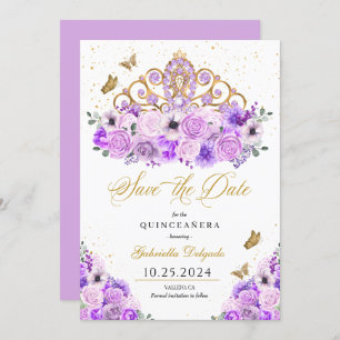 Invitación Lilac & Gold Tiara Salven La Fecha Quinceañera