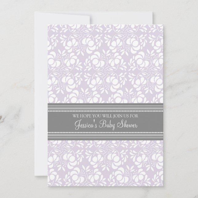 Invitación Lilac Gray Damask Custom Baby Shower Invitations (Anverso)