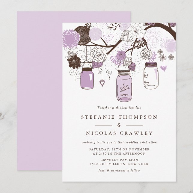Invitación Lilac Hanging Mason Jars Boda (Anverso / Reverso)