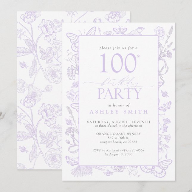 Invitación Lilac Lavender 100 cumpleaños fiesta floral elegan (Anverso / Reverso)