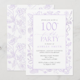 Invitación Lilac Lavender 100 cumpleaños fiesta floral elegan