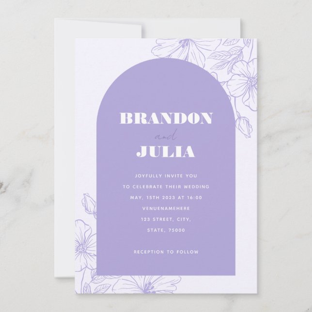 Invitación Lilac Lavender Boho Arch Floral Código QR Botánico (Anverso)