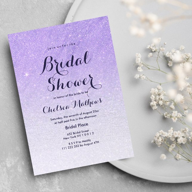 Invitación Lilac lavender faux purpurina sombrío Bridal Showe (Lilac lavender faux glitter ombre Bridal Shower Invitation )