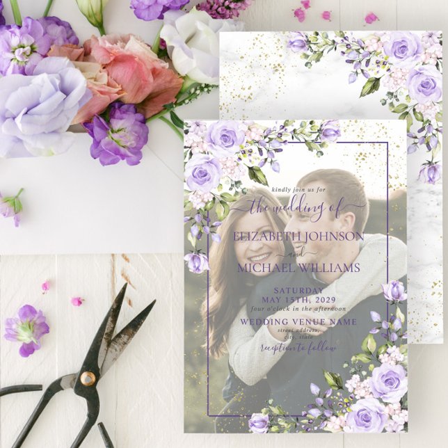 Invitación Lilac Lavender Floral Vellum Overlay Boda de fotog (Subido por el creador)