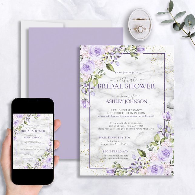 Invitación Lilac Lavender Gold Marble Flor Virtual Ducha (Subido por el creador)
