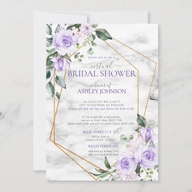 Invitación Lilac Lavender Gold Marble Flor Virtual Ducha (Anverso)