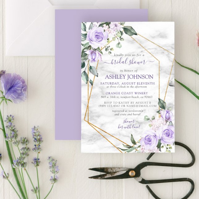 Invitación Lilac Lavender Gold Marble Floral Brillante (Subido por el creador)