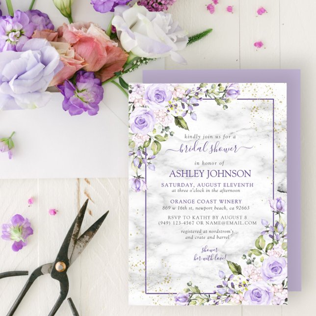 Invitación Lilac Lavender Gold Marble Floral Brillante (Subido por el creador)