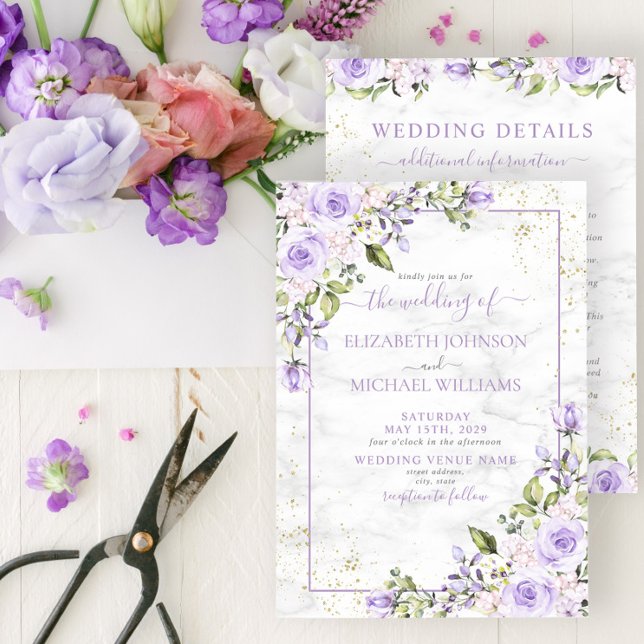 Invitación Lilac Lavender Gold Marble Floral Detalles Boda (Subido por el creador)