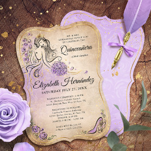Invitación Lilac Lavender Gold Princess Quinceanera Cumpleaño