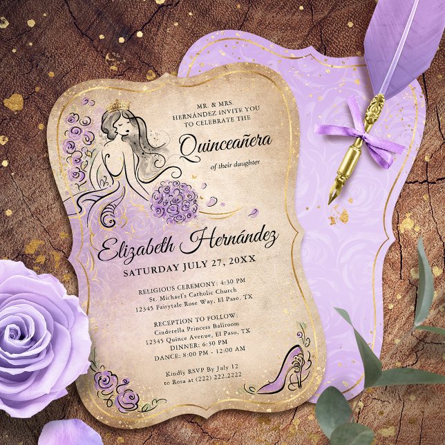 Invitación Lilac Lavender Gold Princess Quinceanera Cumpleaño (A unique, elegant princess themed lilac lavender and gold invitation template editable by you.)
