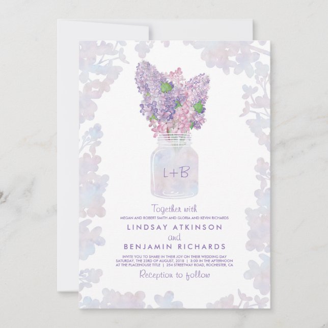 Invitación Lilac Mason Jar | Boda Rústico de acuarela floral (Anverso)
