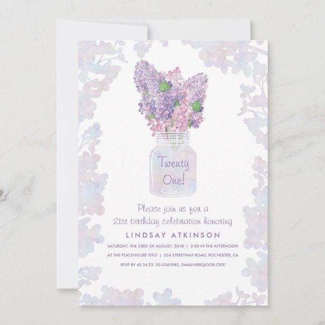 Invitación Lilac Mason Jar | Fiesta de cumpleaños de Floral d (Anverso)