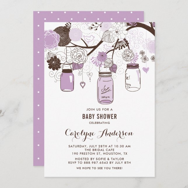 Invitación Lilac Mason Jars and Flowers Baby Shower (Anverso / Reverso)