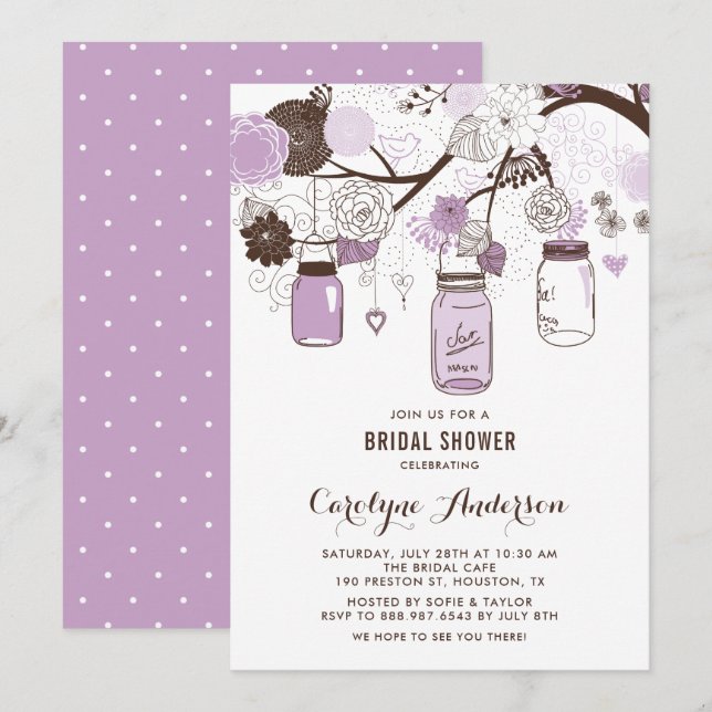 Invitación Lilac Mason Jars and Flowers Bridal Shower (Anverso / Reverso)