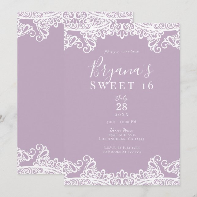 Invitación Lilac Mauve & White Lace Elegant Sweet 16 Fiesta (Anverso / Reverso)
