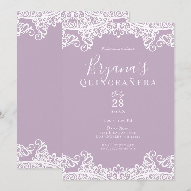 Invitación Lilac Mauve & White Lace Elegante Quinceañera (Anverso / Reverso)