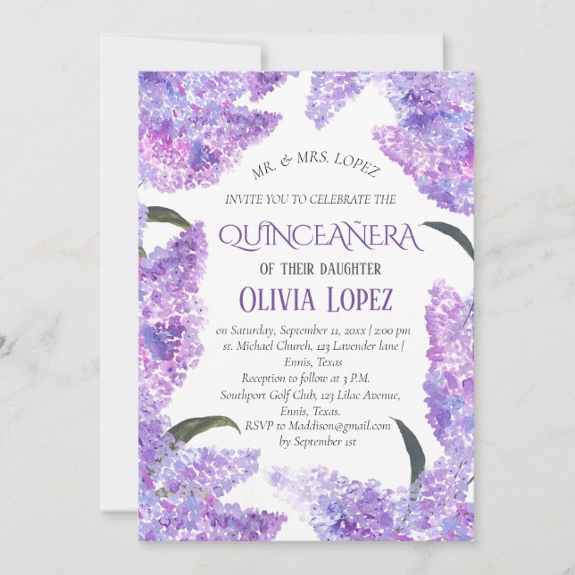 Invitación Lilac moderno Quinceañera Lavanda púrpura Cumpleañ (Anverso)