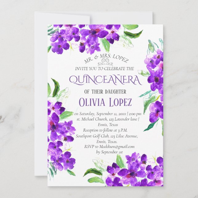 Invitación Lilac moderno Quinceañera Lavanda púrpura Cumpleañ (Anverso)
