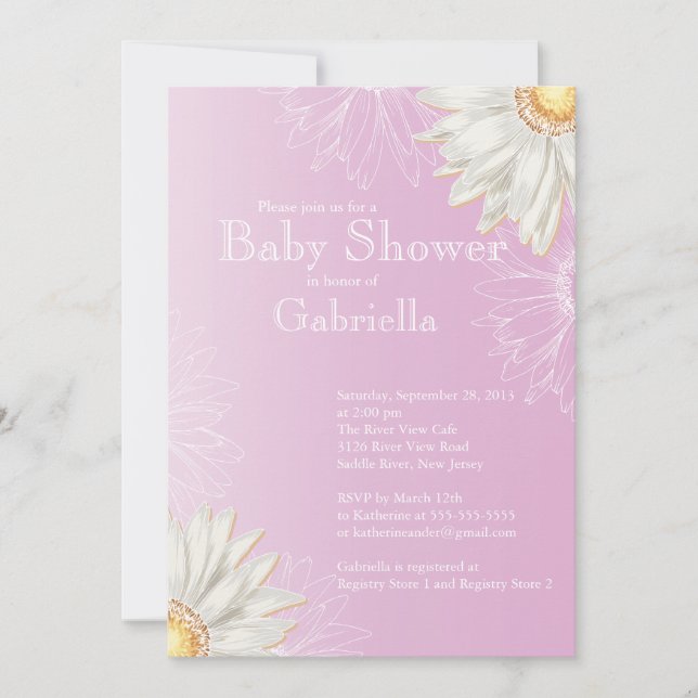 Invitación Lilac moderno y Gerbera blanca Daisy Baby Shower (Anverso)