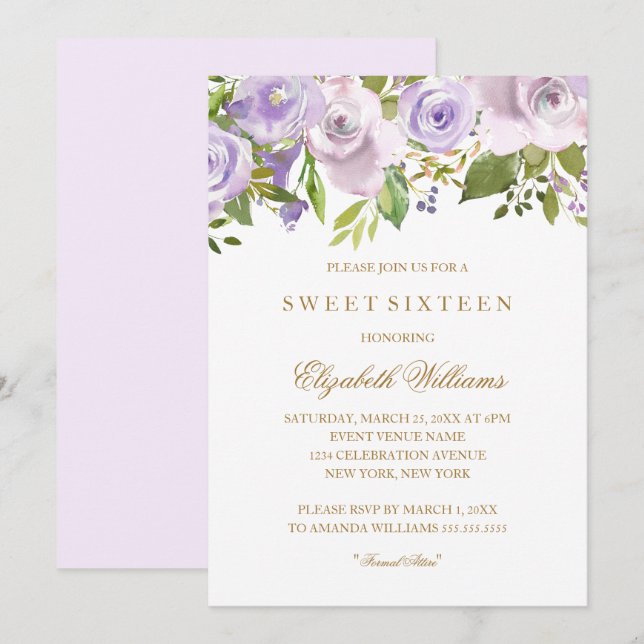Invitación Lilac Morado Acuarela Floral Dulce Dieciséis (Anverso / Reverso)