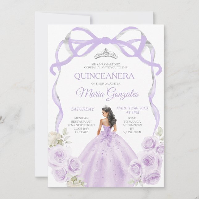 Invitación Lilac Morado Bow Princesa Plata Corona Quinceañera (Anverso)