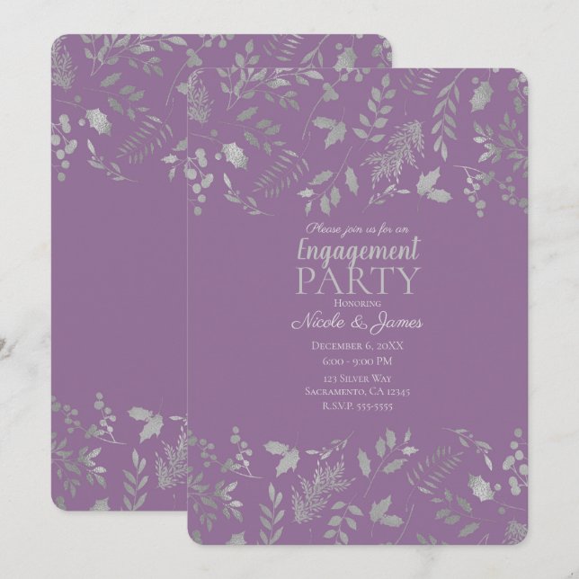 Invitación Lilac Morado Hojas de Plata Compromiso Botánico (Anverso / Reverso)