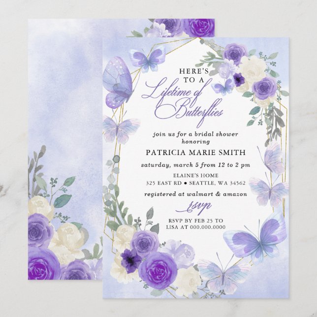 Invitación Lilac morado por vida de mariposas ducha de novias (Anverso / Reverso)