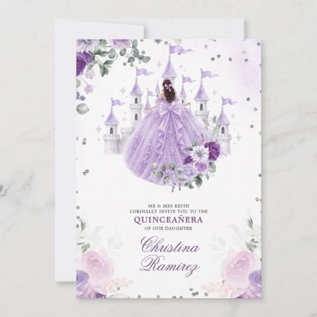 Invitación Lilac Morado Princesa Castillo de Cuento de Hadas  (Anverso)
