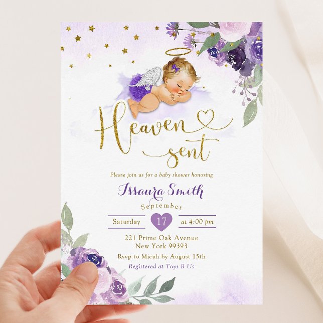 Invitación Lilac Morple Blonde Baby Heaven enviado Baby Showe (Subido por el creador)