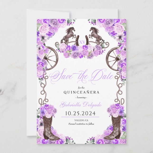 Invitación Lilac Occidental Charro Salvar La Fecha Quinceañer (Anverso)