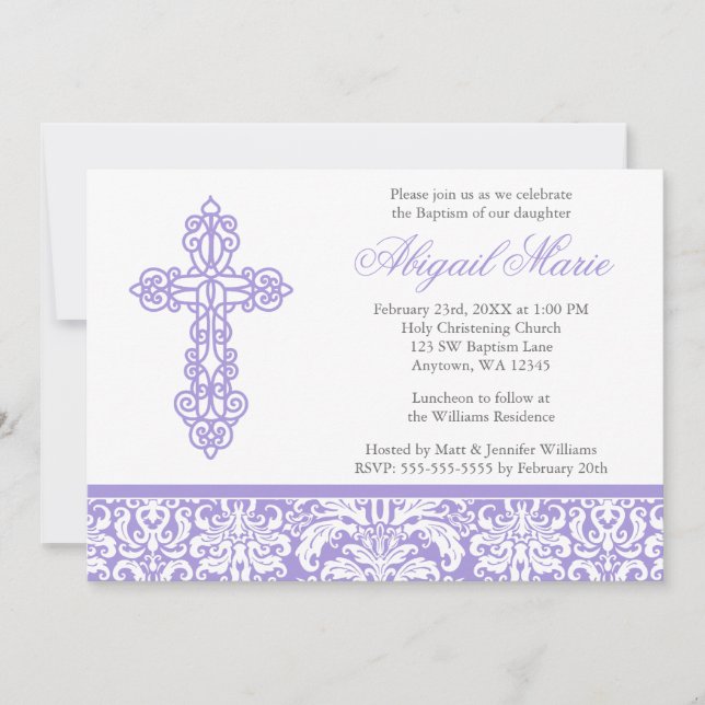 Invitación Lilac Ornate Cross Damask Chica Bautismo Christeni (Anverso)