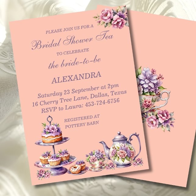 Invitación Lilac Peach Floral Whimsical Tea Bridal Shower  (Subido por el creador)