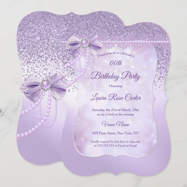 Invitación Lilac perla lace purpurina púrpura cumpleaños (Anverso / Reverso)
