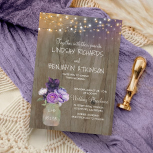 Invitación Lilac Plum Purple Floral Mason Jar Rustic Boda