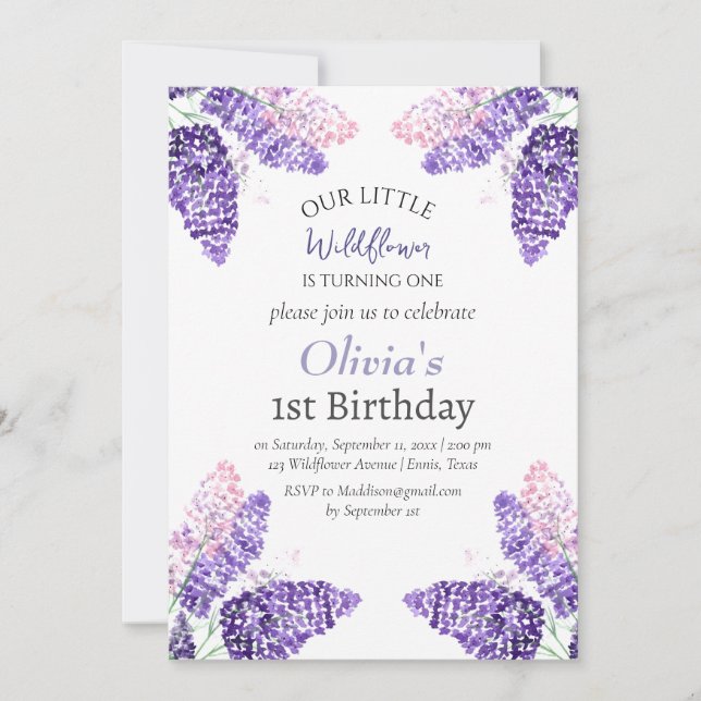 Invitación Lilac primer cumpleaños Chica Purple Floral (Anverso)