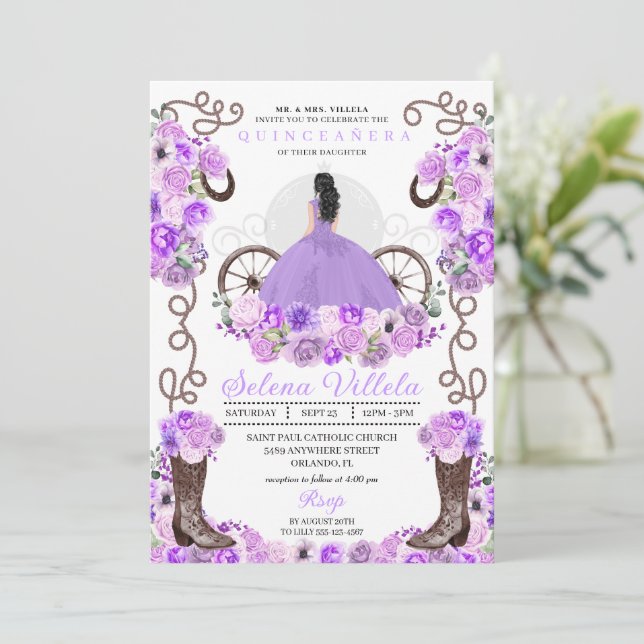 Invitación Lilac Princess Vress & Boots Quinceañera (Anverso de pie)