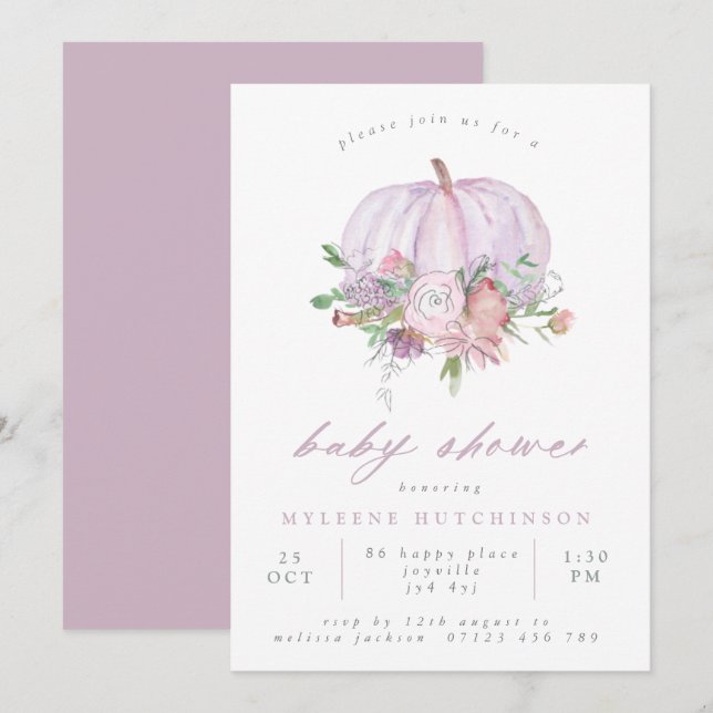 Invitación Lilac Pumpkin y flores Baby Shower (Anverso / Reverso)