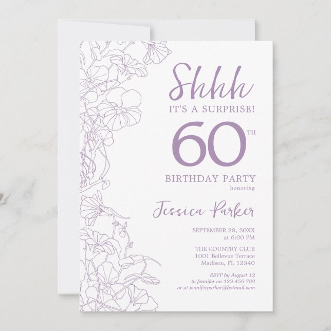 Invitación Lilac Purpl Sorpresa Botánica Blanca 60 cumpleaños (Anverso)
