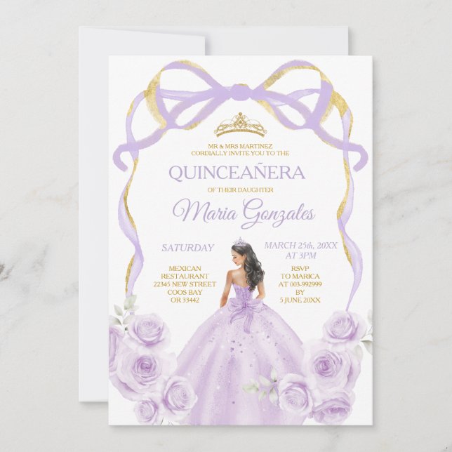 Invitación Lilac Purple Bow Princesa Corona de Oro Quinceañer (Anverso)