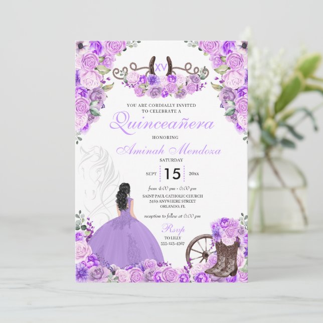 Invitación Lilac Purple Charra Floral Boots Quinceañera (Anverso de pie)